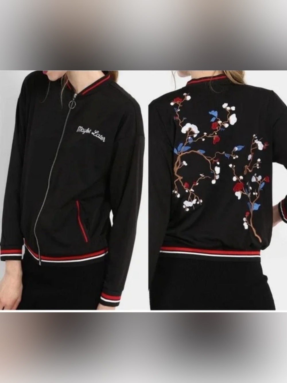 Zara Maybe Later Bomber Jacket with Red and White Trim and Floral Embroidery